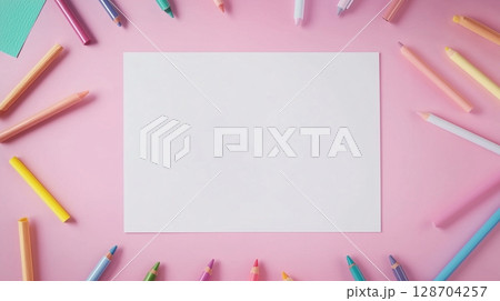 Blank white book and pencils coloring decoration for drawing or texting and pink background 128704257