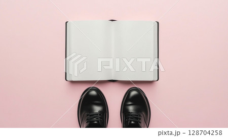 Blank white book open white paper and a pair black shoes top of view pink background 128704258
