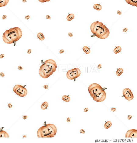 Seamless pattern for Halloween with cute pumpkins with face on an isolated background. Hand drawn watercolor illustration for kids. Perfect for decorations, cards, and crafts. Seamless pattern for Halloween with cute pumpkins with face on an isolated background. Hand drawn watercolor illustration for kids. Perfect for decorations, cards, and crafts. 128704267