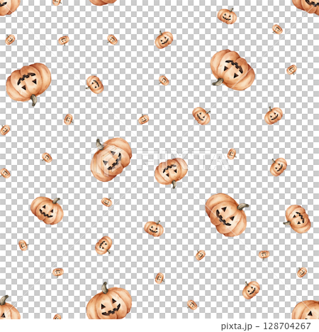 Seamless pattern for Halloween with cute pumpkins with face on an isolated background. Hand drawn watercolor illustration for kids. Perfect for decorations, cards, and crafts. Seamless pattern for Halloween with cute pumpkins with face on an isolated background. Hand drawn watercolor illustration for kids. Perfect for decorations, cards, and crafts. 128704267