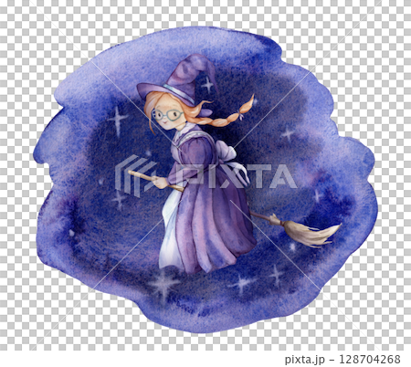 Watercolor cute witch in a purple dress and hat, with red hair on a broomstick on background night sky with white stars. Hand drawn illustration. Shades of blue watercolor stains for Halloween cards 128704268