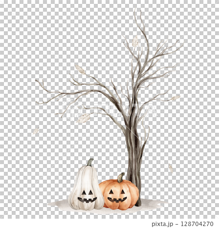 Watercolor illustration Tree without leaves silhouette and pumpkins with a face isolated on white background. Brown dry straight twig or Trees for Halloween with autumn leaves and grey earth. 128704270