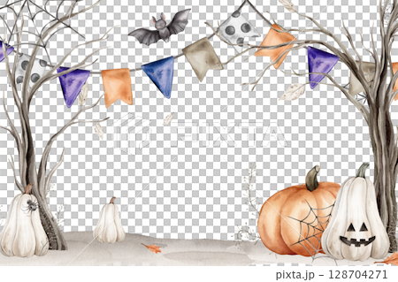 Halloween Banner watercolor illustration. Drawing of frame with garlands and trees with spider web with spider on isolated for Halloween greeting cards. Border with pumpkin with face and fall leaves Halloween Banner watercolor illustration. Drawing of frame with garlands and trees with spider web with spider on isolated for Halloween greeting cards. Border with pumpkin with face and fall leaves 128704271