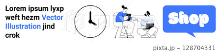 Two individuals interacting with digital devices, clock symbol and Shop icon in speech bubble. Ideal for teamwork, time management, e-commerce, online communication, digital marketing. Banner 128704331