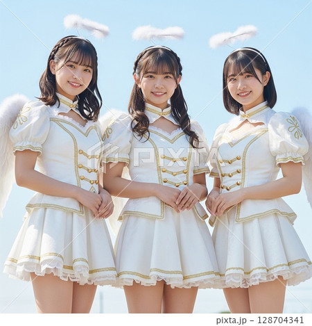 青空の下、天使・妖精のコスチュームで輝くアイドルグループの笑顔  128704341