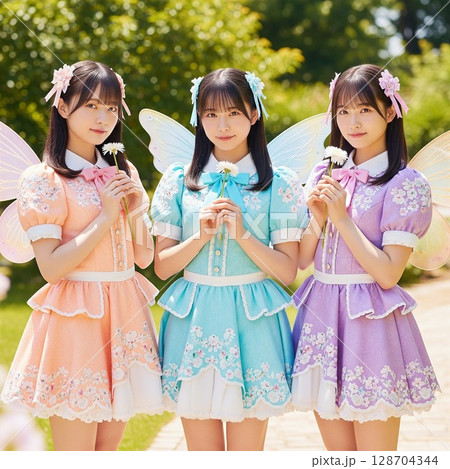 青空の下、天使・妖精のコスチュームで輝くアイドルグループの笑顔  128704344