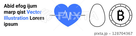 Heart with ECG line, egg shape, Bitcoin symbol, sample text in black and blue. Ideal for health, minimalism, cryptocurrency, finance, medical, digital currency, web design. Landing page Heart with ECG line, egg shape, Bitcoin symbol, sample text in black and blue. Ideal for health, minimalism, cryptocurrency, finance, medical, digital currency, web design. Landing page 128704367