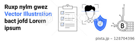 Text block, checklist with checkmarks, user profile outline, security shield, and Bitcoin symbol. Ideal for tech, finance, security, identity verification, blockchain, business analytics, and audits 128704396