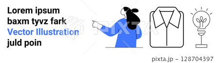Woman pointing right, shirt outline, lightbulb with plant. Ideal for presentations, educational materials, infographics, marketing, fashion industry, innovation themes, and eco-friendly campaigns 128704397