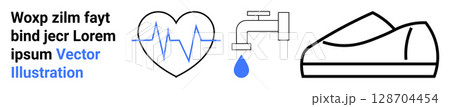 Text block, heartbeat line in blue heart, faucet with blue droplet, black sneaker. Ideal for health, water conservation, plumbing, footwear, fitness, vector graphics, minimal design. Landing page 128704454