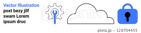 Blue gear with wrench, cloud outline, and a blue padlock represent data security and cloud computing. Ideal for technology, cybersecurity, cloud services, data protection, IT management, internet 128704455