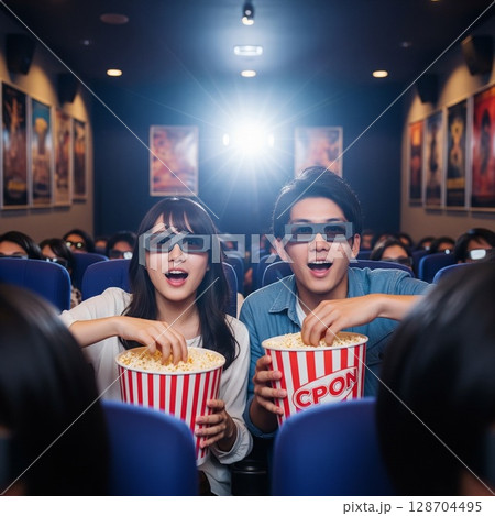 映画館で3D映画を楽しむカップル、ポップコーン片手に最高の笑顔 128704495