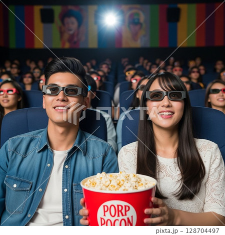 映画館で3D映画を楽しむカップル、ポップコーン片手に最高の笑顔 128704497