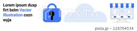 Lock icon, cloud graphic, and an online shopping storefront. Ideal for cybersecurity, cloud services, e-commerce, data protection, online shopping, technology, web services. Banner for landing page Lock icon, cloud graphic, and an online shopping storefront. Ideal for cybersecurity, cloud services, e-commerce, data protection, online shopping, technology, web services. Banner for landing page 128704534