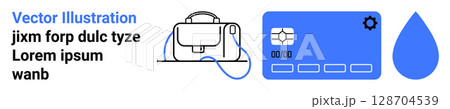 Briefcase, credit card, and water droplet icons in blue and black. Ideal for business, finance, e-commerce, travel, technology, environmental, and educational themes. Landing page 128704539