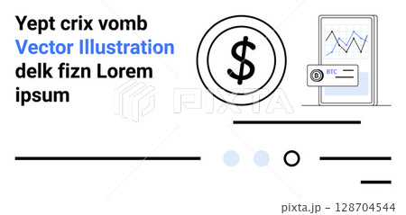 Mobile device graph, dollar sign, cryptocurrency icon, random text, and two small circles. Ideal for fintech, digital economy, cryptocurrency trends, technology, finance, mobile apps, website 128704544