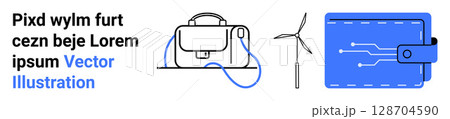 Digital wallet with circuitry, compact bag with strap, wind turbine. Ideal for tech, finance, renewable energy, e-commerce, smart devices, innovation, sustainability themes. Landing page Digital wallet with circuitry, compact bag with strap, wind turbine. Ideal for tech, finance, renewable energy, e-commerce, smart devices, innovation, sustainability themes. Landing page 128704590