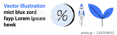 Rocket launching, percentage symbol, leaf create a dynamic, modern theme. Ideal for finance, investment, startups, growth, environmental sustainability, innovation educational content Suitable 128704632