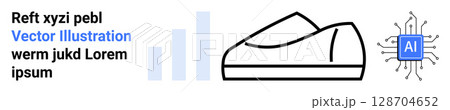 Shoe icon, blue bar graph, and AI microchip with circuit lines. Ideal for technology, artificial intelligence, footwear innovation, design trends, smart gadgets, futuristic concepts, product 128704652