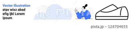 Cloud shape, person with bun hairstyle pointing, outline of a shoe. Ideal for web design, UIUX, modern art, fashion, minimalist themes, technology, visual content. Landing page Cloud shape, person with bun hairstyle pointing, outline of a shoe. Ideal for web design, UIUX, modern art, fashion, minimalist themes, technology, visual content. Landing page 128704655