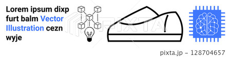 Shoe design sketch, blockchain nodes connected to a lightbulb, AI chip diagram, and lorem ipsum text in blue and black. Ideal for technology, innovation, blockchain, artificial intelligence, footwear 128704657