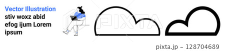 Person seated with laptop beside two cloud shapes and placeholder text. Ideal for tech, remote work, cloud computing, online education, digital nomad, work-life balance, modern workspace. Landing Person seated with laptop beside two cloud shapes and placeholder text. Ideal for tech, remote work, cloud computing, online education, digital nomad, work-life balance, modern workspace. Landing 128704689