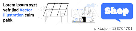 Solar panel structure, industrial factory with trucks, and a blue shop dialog box. Ideal for renewable energy, industrial growth, online shopping, clean technology, and modern industry. Banner 128704701