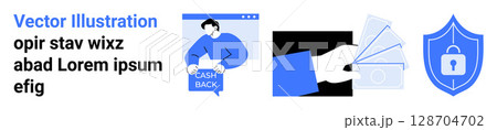 Man holding Cash Back sign, hand holding credit cards, shield with a lock. Ideal for finance, e-commerce, online security, cashback programs, digital payments, cybersecurity, and web apps. Landing Man holding Cash Back sign, hand holding credit cards, shield with a lock. Ideal for finance, e-commerce, online security, cashback programs, digital payments, cybersecurity, and web apps. Landing 128704702