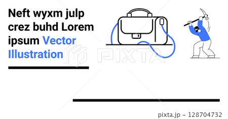 Black text block, business bag with blue strap, and man wielding a pickaxe. Ideal for business, finance, mining, education, presentations, marketing, and technology themes. Landing page 128704732