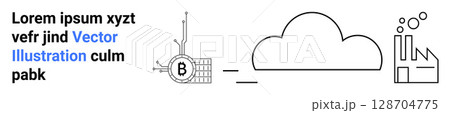 Bitcoin symbol with circuit lines, cloud, and factory with chimneys and bubbles. Ideal for finance, technology, cloud solutions, manufacturing, data storage, digital transformation, Industry 4.0 128704775