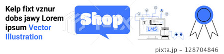 Online shop sign, learning management system on a computer screen, and a blue ribbon. Ideal for online shopping, e-learning platforms, digital achievements, certification, and technology education 128704846