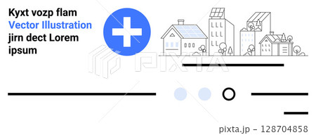 Blue cross icon, urban skyline with buildings, text placeholders. Ideal for medical websites, healthcare, digital design, urban planning, modern technology, sustainability, user interface. Landing Blue cross icon, urban skyline with buildings, text placeholders. Ideal for medical websites, healthcare, digital design, urban planning, modern technology, sustainability, user interface. Landing 128704858
