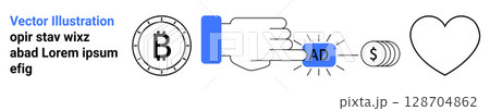 Bitcoin symbol, hand pointing at AD button, dollar sign, and heart shape. Ideal for cryptocurrency, finance, digital marketing, online ads, fintech, investment, and technology themes. Landing page Bitcoin symbol, hand pointing at AD button, dollar sign, and heart shape. Ideal for cryptocurrency, finance, digital marketing, online ads, fintech, investment, and technology themes. Landing page 128704862