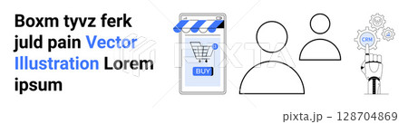 Smartphone with buy button, two user profiles, robotic hand with gear and SEO icon. Ideal for e-commerce, user management, automation, technology, digital marketing, artificial intelligence, product 128704869