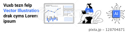 Graphs and charts indicating data trends, woman working remotely on laptop, AI chip icon. Ideal for business analysis, remote work solutions, AI technology, data visualization, tech innovation 128704871