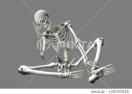 Human skeleton in unhappy frustrated pose, conceptual 3D illustration Human skeleton in unhappy frustrated pose, conceptual 3D illustration 128705028