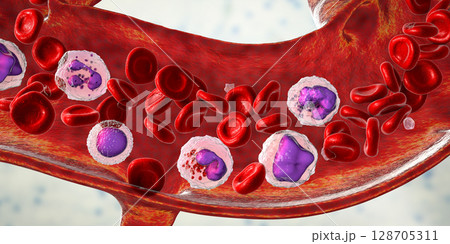 Blood flow. 3D illustration showing different types of blood cells 128705311