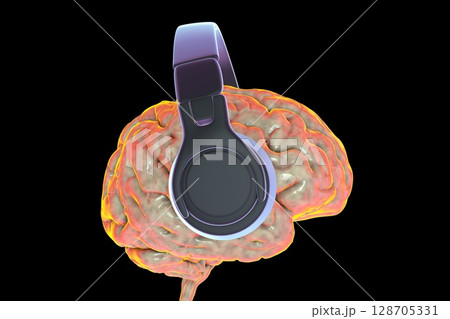 A human brain wearing headphones, 3D illustration 128705331