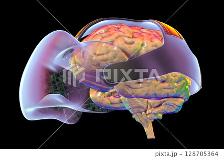 3D illustration of a human brain wearing VR glasses, symbolizing virtual reality impact on cognition, perception, creativity, and neural stimulation 128705364