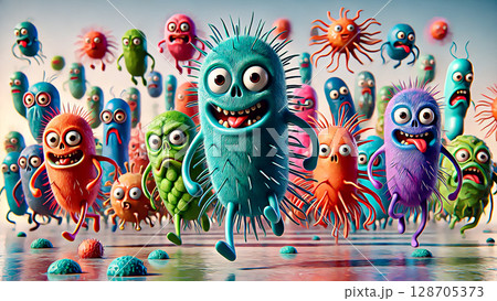 A funny cartoon microbe with a playful expression, featuring whimsical details and exaggerated features, digital illustration A funny cartoon microbe with a playful expression, featuring whimsical details and exaggerated features, digital illustration 128705373