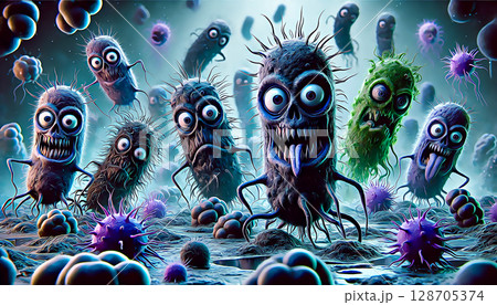 Ugly, scary microbes with exaggerated features, depicting dangerous germs and pathogens in a humorous yet eerie way, cartoon style digital illustration Ugly, scary microbes with exaggerated features, depicting dangerous germs and pathogens in a humorous yet eerie way, cartoon style digital illustration 128705374