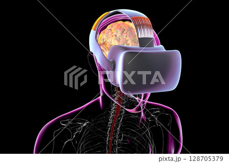 A human body with a highlighted brain wearing VR glasses, 3D illustration 128705379
