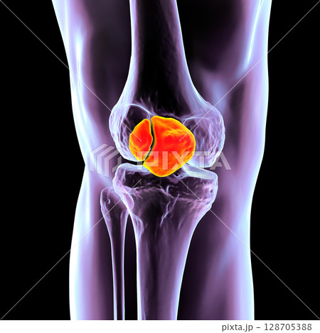 Bipartite patella, a condition where the kneecap has an unfused accessory ossification center, usually superolateral, 3D illustration. 128705388