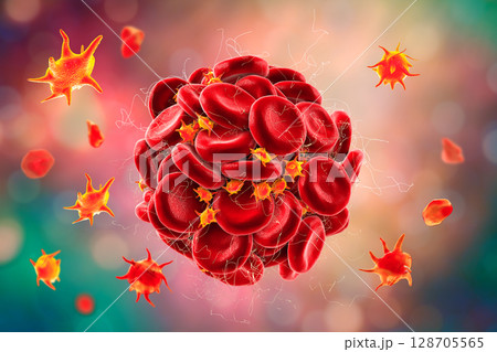 Blood clot made of red blood cells, platelets and fibrin protein strands. Thrombus 128705565