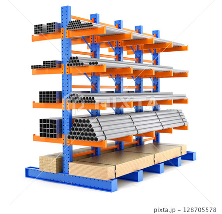 Cantilever modular storage racking system on white background - 3D illustration Cantilever modular storage racking system on white background - 3D illustration 128705578