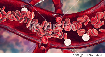 Red blood cells and leukocytes, cross-section of a blood vessel Red blood cells and leukocytes, cross-section of a blood vessel 128705664