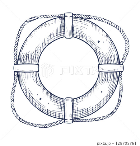 Vector illustration of Lifebuoy ring with rope. Linear drawing of hand drawn safety equipment in vintage engraving style for nautical design. Etched art of Lifesaver for marine design painted by inks. Vector illustration of Lifebuoy ring with rope. Linear drawing of hand drawn safety equipment in vintage engraving style for nautical design. Etched art of Lifesaver for marine design painted by inks. 128705761