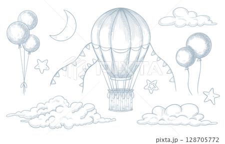 Vector illustration of hot air Balloon, clouds, crescent moon and stars in pastel blue colors. Linear drawing of vintage aircraft for Baby shower greeting cards or childish party invitations. 128705772