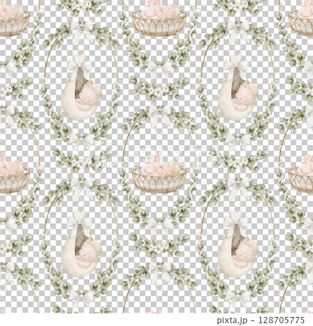 Seamless watercolor Pattern with sleeping Babies in bassinets, swaddled in ribbon wreaths and surrounded by eucalyptus leaves. Illustration pf Background with Infant in cradle childish wrapping paper. 128705775