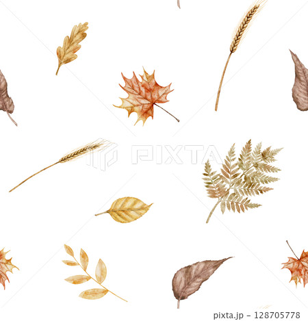 Watercolor seamless pattern with autumn leaves, ferns, and wheat. illustration of Fall background with dry plants for seasonal wrapping paper or textile design. Ornament with herbs. 128705778